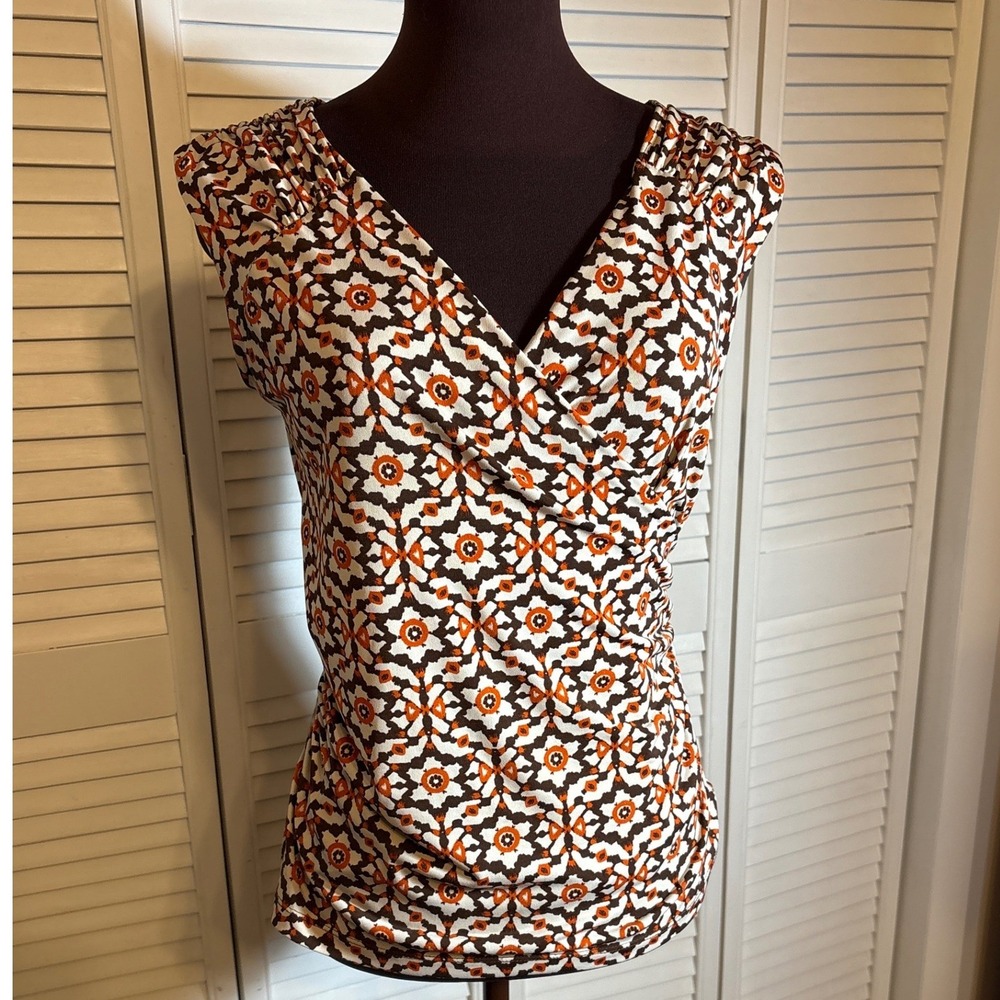 Studio 1940 Womens Geometric Medallion Faux Wrap Sleeveless Top Brown Orange S